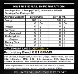 состав Предтренировочный Platinum Labs Defcon 1 30 порций